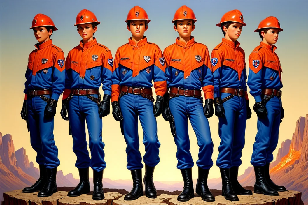 an ilustration of heroic jugendfeuerwehr teenage persons,   photorealistic , anatomically correct, by boris vallejo<lora:Jugendfeuerwehr:0.8>