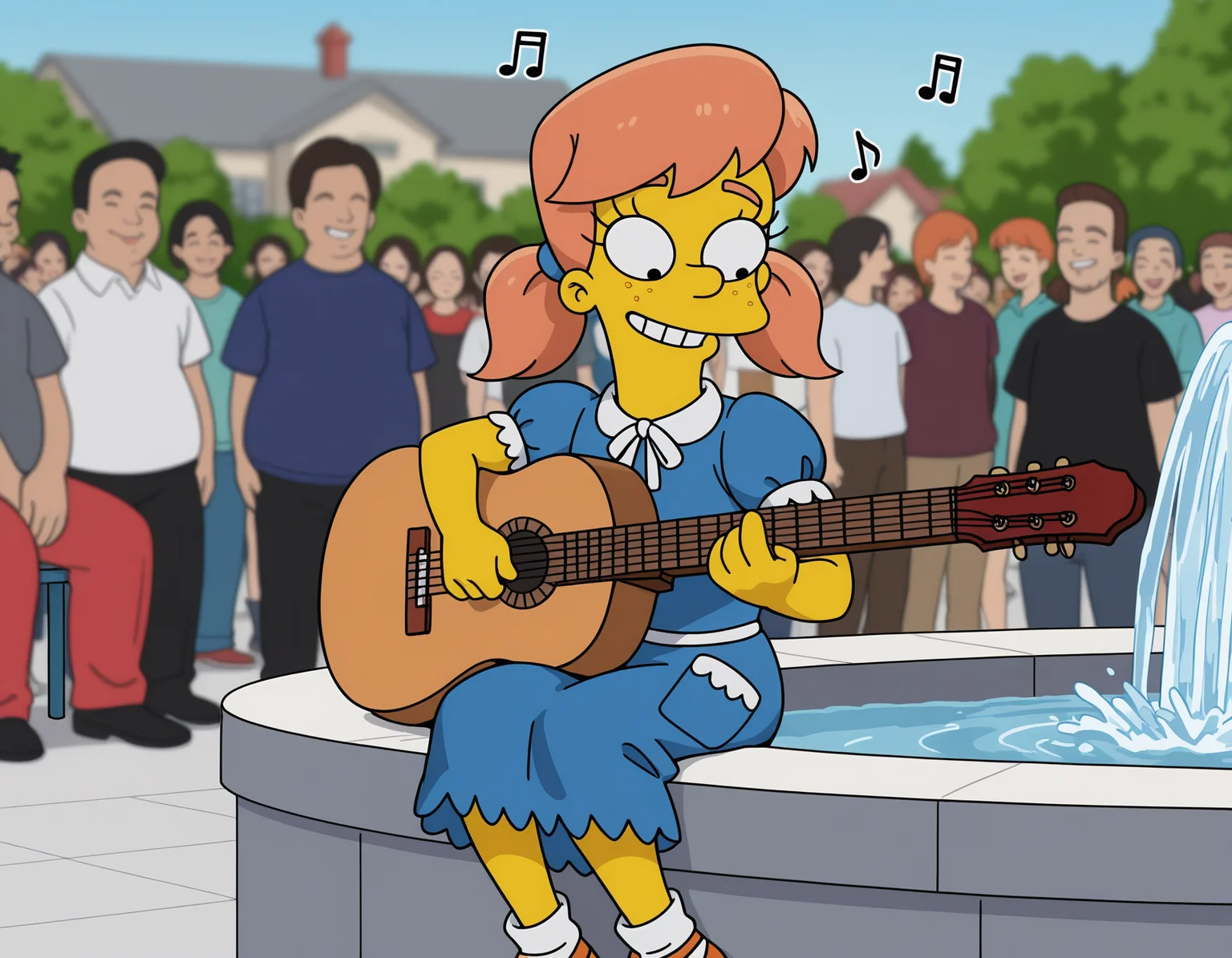<lora:simpsons-naujas02:0.9> masterpiece, best quality, amazing quality, very aesthetic, absurdres, depth of field, blurry background, extremely detailed face, detailed eyes, (official style:1.2), screencap, short, realistic,
mary_simpsons, freckles,
blue dress, orange hair, short twintails,
outdoors, water fountain, musical notes, crowd, sing along,
happy, looking down, playing guitar, sitting,
