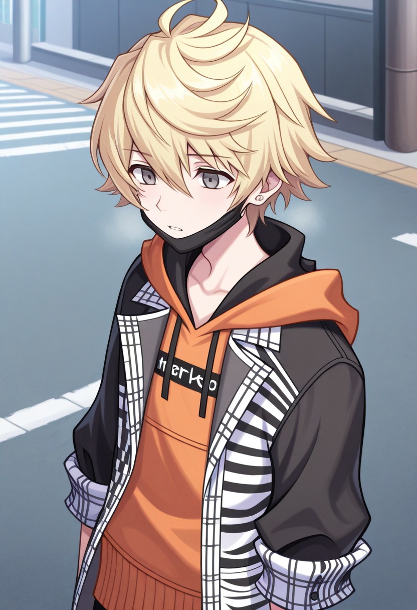 masterpiece,best quality,amazing quality, source_anime,
rindokanade, 1boy, male focus, solo, grey eyes, blonde hair, jewelry, earrings, mouth mask, mask pull, hoodie, orange hoodie, coat, black and white coat, open coat,
outdoor,