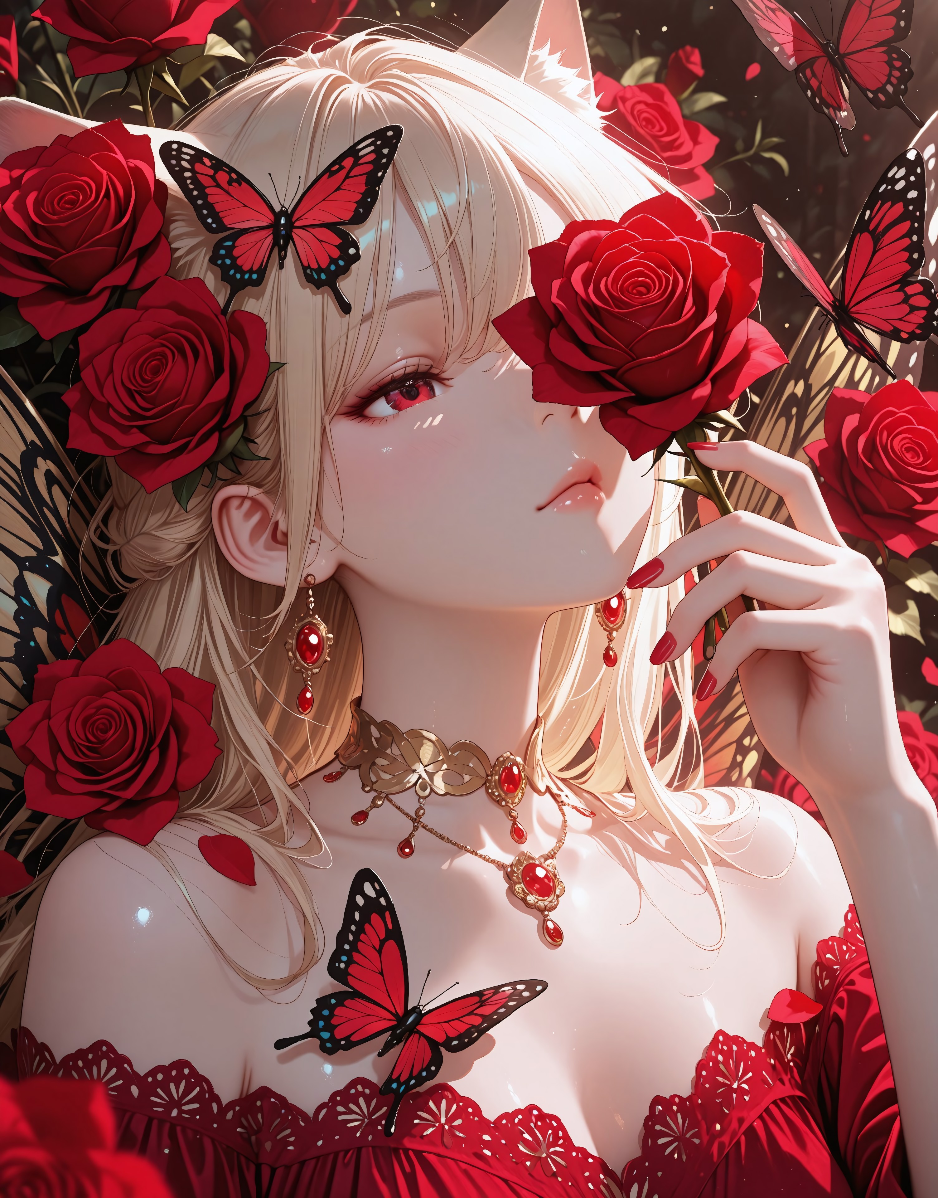 masterpiece, best quality, very aesthetic, absurdres, stylized, newest, depth of field, HDR, high contrast, sharp focus, 8k resolution, digital art, anime style, vibrant colors, photorealistic, smooth gradients, fantasy art style, cinematic lighting, mystical aura, art nouveau inspired, (soft lighting:1.2), (lighting from above:1.2), (scenery), (detailed background design), Anime girl, 1girl, solo, cat girl, cat ears, (ethnicity:1.2), (detailed clothing:1.2), (accessories:1.1), (detailed skin texture:1.2), (facial features:1.3), (expression:1.2), (body type:1.1), (pose:1.2), centered in frame, holding a red rose to her face, soft light expression, pale skin, pale blonde hair,  (long flowing hair:1.1), wearing a detailed red lace dress, delicate choker necklace, wearing light gold jewelry, red fingernails, facing slightly towards viewer, surrounded by red roses, and  red butterflies, delicate (flower petals:1.1), light and shadow, soft focus, photorealistic style, digital art, detailed background, romantic atmosphere, vibrant red color palette,  lush and detailed rose flowers,  realistic butterfly wings, (detailed butterfly wings:1.2), romantic and dreamy atmosphere, high detail, artstyle, 8k resolution.