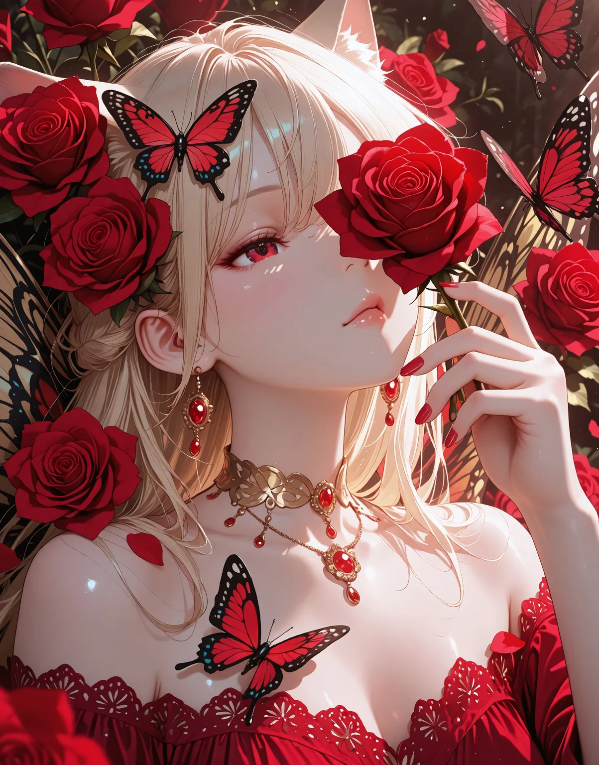 masterpiece, best quality, very aesthetic, absurdres, stylized, newest, depth of field, HDR, high contrast, sharp focus, 8k resolution, digital art, anime style, vibrant colors, photorealistic, smooth gradients, fantasy art style, cinematic lighting, mystical aura, art nouveau inspired, (soft lighting:1.2), (lighting from above:1.2), (scenery), (detailed background design), Anime girl, 1girl, solo, cat girl, cat ears, (ethnicity:1.2), (detailed clothing:1.2), (accessories:1.1), (detailed skin texture:1.2), (facial features:1.3), (expression:1.2), (body type:1.1), (pose:1.2), centered in frame, holding a red rose to her face, soft light expression, pale skin, pale blonde hair, (long flowing hair:1.1), wearing a detailed red lace dress, delicate choker necklace, wearing light gold jewelry, red fingernails, facing slightly towards viewer, surrounded by red roses, and red butterflies, delicate (flower petals:1.1), light and shadow, soft focus, photorealistic style, digital art, detailed background, romantic atmosphere, vibrant red color palette, lush and detailed rose flowers, realistic butterfly wings, (detailed butterfly wings:1.2), romantic and dreamy atmosphere, high detail, artstyle, 8k resolution.