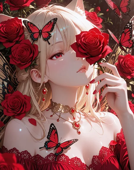 masterpiece, best quality, very aesthetic, absurdres, stylized, newest, depth of field, HDR, high contrast, sharp focus, 8k resolution, digital art, anime style, vibrant colors, photorealistic, smooth gradients, fantasy art style, cinematic lighting, mystical aura, art nouveau inspired, (soft lighting:1.2), (lighting from above:1.2), (scenery), (detailed background design), Anime girl, 1girl, solo, cat girl, cat ears, (ethnicity:1.2), (detailed clothing:1.2), (accessories:1.1), (detailed skin texture:1.2), (facial features:1.3), (expression:1.2), (body type:1.1), (pose:1.2), centered in frame, holding a red rose to her face, soft light expression, pale skin, pale blonde hair,  (long flowing hair:1.1), wearing a detailed red lace dress, delicate choker necklace, wearing light gold jewelry, red fingernails, facing slightly towards viewer, surrounded by red roses, and  red butterflies, delicate (flower petals:1.1), light and shadow, soft focus, photorealistic style, digital art, detailed background, romantic atmosphere, vibrant red color palette,  lush and detailed rose flowers,  realistic butterfly wings, (detailed butterfly wings:1.2), romantic and dreamy atmosphere, high detail, artstyle, 8k resolution.