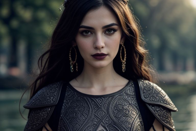 masterpiece, best quality, (colorful), cinematic lighting,  realistic, battlefield besides the dark waters of a misty fjord, beautiful valkiria, wavy dark hair, plate armor, ornate carapace, long sword, wooden shield, 
dynamic pose, extremely detailed, beautiful detailed face, medium breasts, braless, no bra, cleavage, nipslip, at dusk, slanted sunrays, pale skin, detailed skin, dark makeup, black mascara, black lipstick, EyeDetail, perfect detailed eyes, long eyelashes, black eyeliner, kawaii makeup , subsurface scattering, remarkable color, ultra realistic, textured skin, remarkable detailed pupils, realistic dull skin noise, visible skin detail, skin fuzz, dry skin, bokeh, sharp focus on subject,