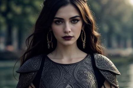masterpiece, best quality, (colorful), cinematic lighting,  realistic, battlefield besides the dark waters of a misty fjord, beautiful valkiria, wavy dark hair, plate armor, ornate carapace, long sword, wooden shield, 
dynamic pose, extremely detailed, beautiful detailed face, medium breasts, braless, no bra, cleavage, nipslip, at dusk, slanted sunrays, pale skin, detailed skin, dark makeup, black mascara, black lipstick, EyeDetail, perfect detailed eyes, long eyelashes, black eyeliner, kawaii makeup , subsurface scattering, remarkable color, ultra realistic, textured skin, remarkable detailed pupils, realistic dull skin noise, visible skin detail, skin fuzz, dry skin, bokeh, sharp focus on subject,