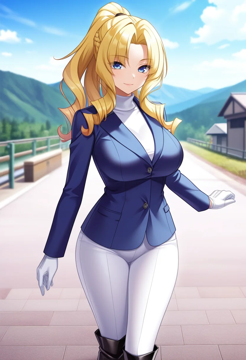 masterpiece, best quality, amazing quality,saeka arisugawa, blue eyes, blonde hair, long hair, ponytail, hair intakes, mature female, 1girl, solo, gloves, breasts, large breasts, white gloves, knee boots,blue jacket, white pants, white turtleneck, black boots,,closed mouth, light smile,standing, looking at viewer, blurry background, mountainous background, scenery, day<lora:saeka arisugawaV1:0.9>