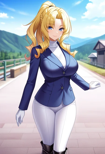 masterpiece, best quality, amazing quality,saeka arisugawa, blue eyes, blonde hair, long hair, ponytail, hair intakes, mature female, 1girl, solo, gloves, breasts, large breasts, white gloves, knee boots,blue jacket, white pants, white turtleneck, black boots,,closed mouth, light smile,standing, looking at viewer, blurry background, mountainous background, scenery, day<lora:saeka arisugawaV1:0.9>