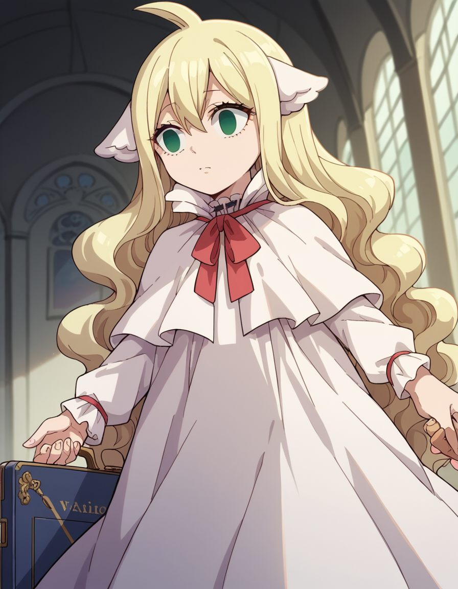 score_9, score_8_up, score_7_up, source_anime, <lora:mavis-vermillion-anime-ponyxl-lora-nochekaiser:1>, mavis, long hair, blonde hair, green eyes, ahoge, wavy hair, animal ears,, dress, white dress, collar, ribbon, red ribbon, capelet, long sleeves,, airport, waiting area, suitcase, flight delayed, passengers, reading book, , , hand holding a pencil, solo,, cowboy shot, dutch angle