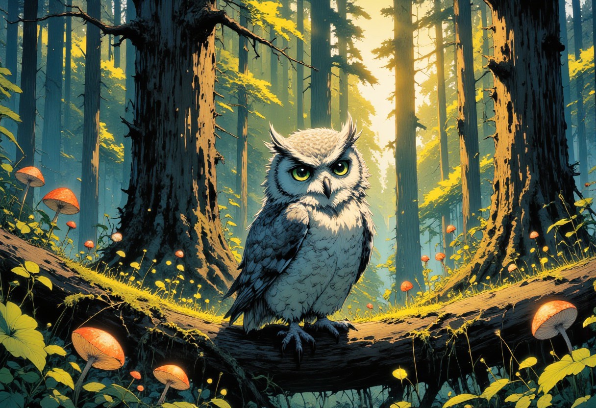 "Create a high-quality, extremely detailed digital artwork in a high-resolution, anime-inspired style. A super adorable owl with large, expressive eyes that glisten in the sunlight, sitting on a branch of a towering redwood tree in a magic forest. The owl's feathers are a soft blend of pastel grays and whites, with intricate patterns that catch the light. Its eyes are a deep, shimmering emerald green, reflecting the vibrant forest around it. The branch is covered in lush, green moss and delicate ferns, and the redwood tree is ancient and majestic, with a trunk that disappears into the canopy above. The forest is enchanted, with bioluminescent flowers and mushrooms scattered on the forest floor, and a gentle, golden light filtering through the leaves. The atmosphere is peaceful and magical, with a light breeze that rustles the leaves and carries the scent of pine and wildflowers. The owl's expression is one of serene curiosity, perfectly capturing the wonder of its magical surroundings."
