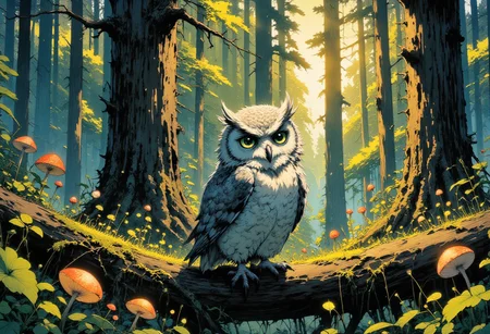 "Create a high-quality, extremely detailed digital artwork in a high-resolution, anime-inspired style. A super adorable owl with large, expressive eyes that glisten in the sunlight, sitting on a branch of a towering redwood tree in a magic forest. The owl's feathers are a soft blend of pastel grays and whites, with intricate patterns that catch the light. Its eyes are a deep, shimmering emerald green, reflecting the vibrant forest around it. The branch is covered in lush, green moss and delicate ferns, and the redwood tree is ancient and majestic, with a trunk that disappears into the canopy above. The forest is enchanted, with bioluminescent flowers and mushrooms scattered on the forest floor, and a gentle, golden light filtering through the leaves. The atmosphere is peaceful and magical, with a light breeze that rustles the leaves and carries the scent of pine and wildflowers. The owl's expression is one of serene curiosity, perfectly capturing the wonder of its magical surroundings."