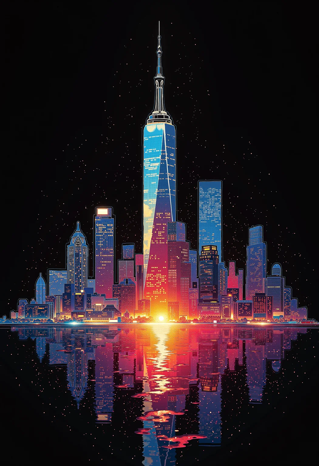 a fine color ink lineart sketching of a detailed (silhouette) of a city with a glossy shiny outline vibrant colors (reflective:1.05) volumetric, colorful, flares, best quality, elegant, sharp clear art, black background