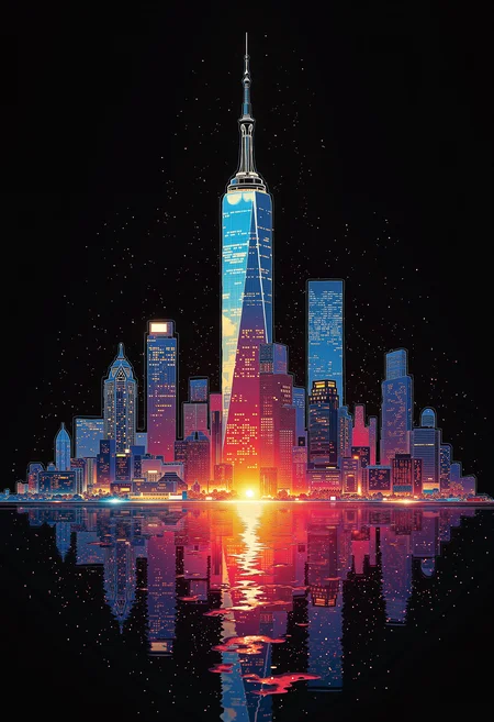 a fine color ink lineart sketching of a detailed (silhouette) of a city with a glossy shiny outline vibrant colors (reflective:1.05) volumetric, colorful, flares, best quality, elegant, sharp clear art, black background