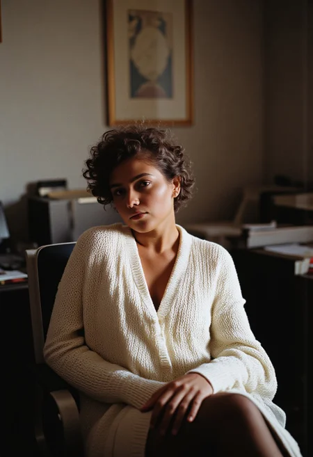 award winning photo, instgram influencer photo. real life photo. photography, turkish woman , young, messy short brunette hair, goddess of office, seductive, full length long white knit sweater that goes down to knees, bare shoulders , cleavage, sitting, black nylon thigh highs, latina body, tanned skin, curvy body, blush, seductive image,serene, untouched beauty, clear, lively, detailed face, upper body accent, seductive lips and makeup , green eyes, seductive look, realistic, background of a fantasy office room ,sfw