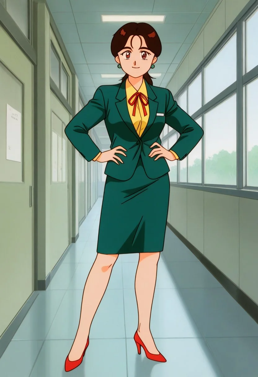 masterpiece, best quality, source_anime,official art,perfect_anatomy,1990s_\(style\),retro_artstyle,1girl,solo,Ruruko Himeki,earrings,neck_ribbon,yellow_shirt, collared_shirt, formal, business_suit, green_jacket, green_long_skirt, highheels, looking_at_viewer,smile,full_body,hands_on_hip,day,school,indoors