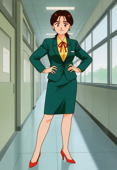 masterpiece, best quality, source_anime,official art,perfect_anatomy,1990s_\(style\),retro_artstyle,1girl,solo,Ruruko Himeki,earrings,neck_ribbon,yellow_shirt, collared_shirt, formal, business_suit, green_jacket, green_long_skirt, highheels, looking_at_viewer,smile,full_body,hands_on_hip,day,school,indoors
