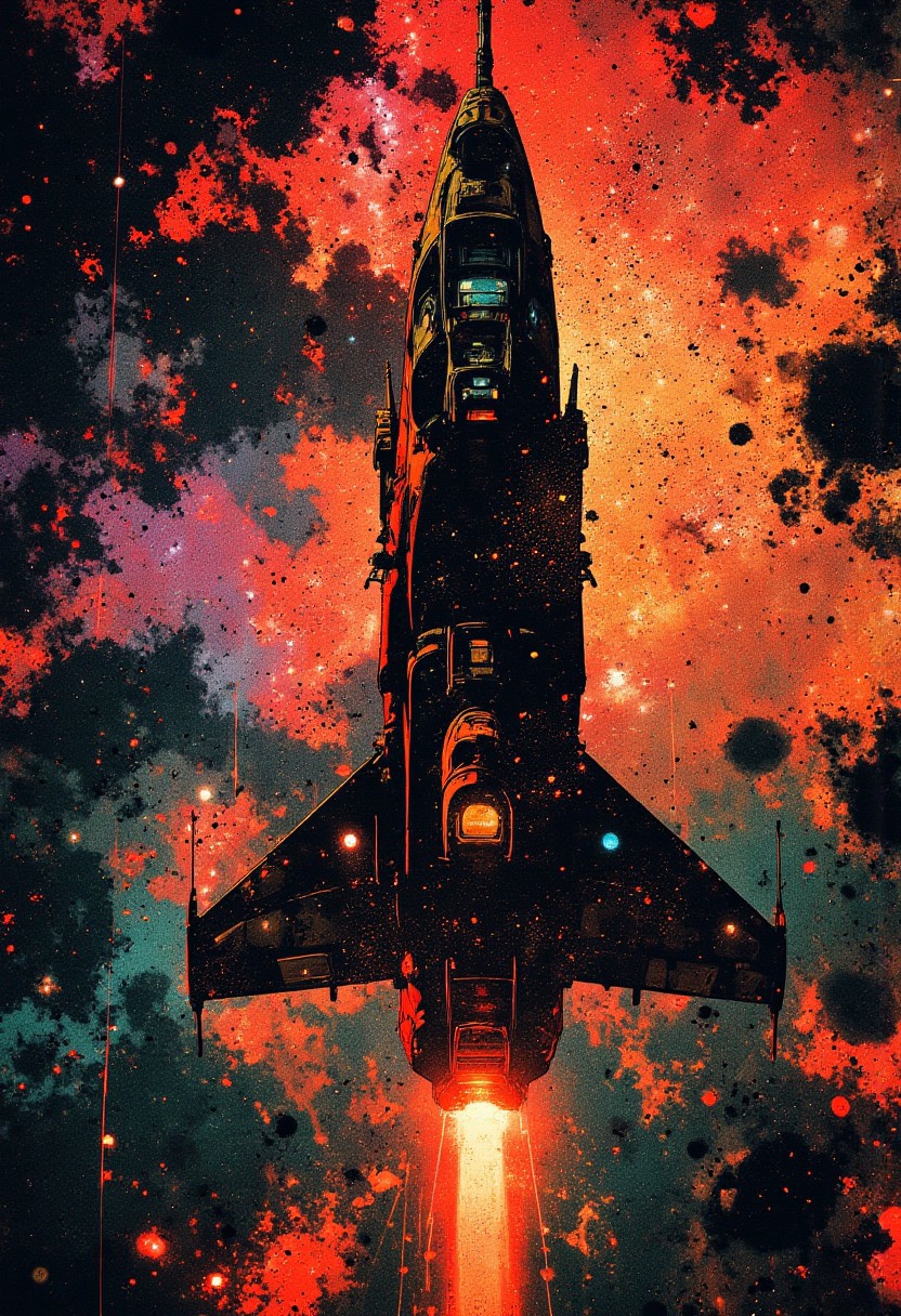 best quality, masterpiece, military spacecraft, a backdrop of nebulas, stars, comet, cinematic, dynamic photorealistic image, vibrant, surreal colours, High Definition HD, High Detail, Perfect Composition, mythp0rt