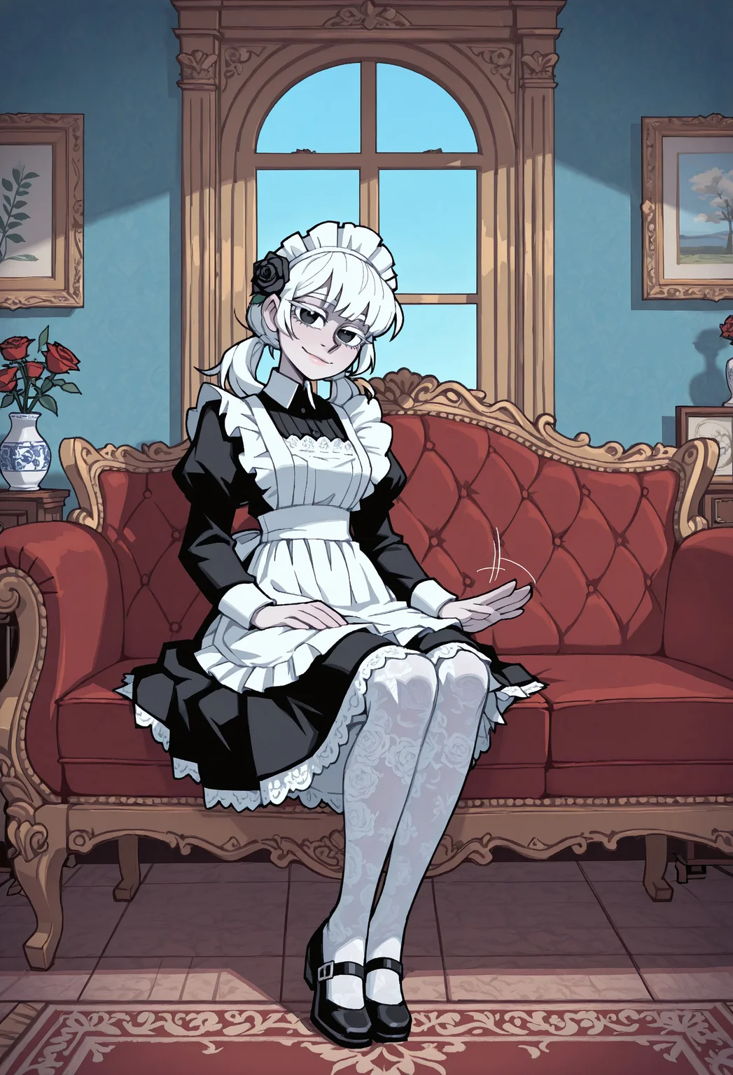 masterpiece, best quality, very aesthetic, highly detailed, absurdres, 1girl, solo, maid, maid apron, black dress, short skirt, long sleeves, black mary jane shoes, white lace pantyhose and maid headdress, white embroidery, pale skin, rose hair ornament, white hair, white eyelashes, white eyebrows, black eyes, glossy lips, twin tails, slender body, full body, cute, sitting on velvet sofa, lap pillow invitation, patting lap, head tilt, light smile, looking at viewer, looking aside, from side, indoors, rich chateau, porcelain collection, fancy paintings, blue sky, ambient light, soft light, vanripper