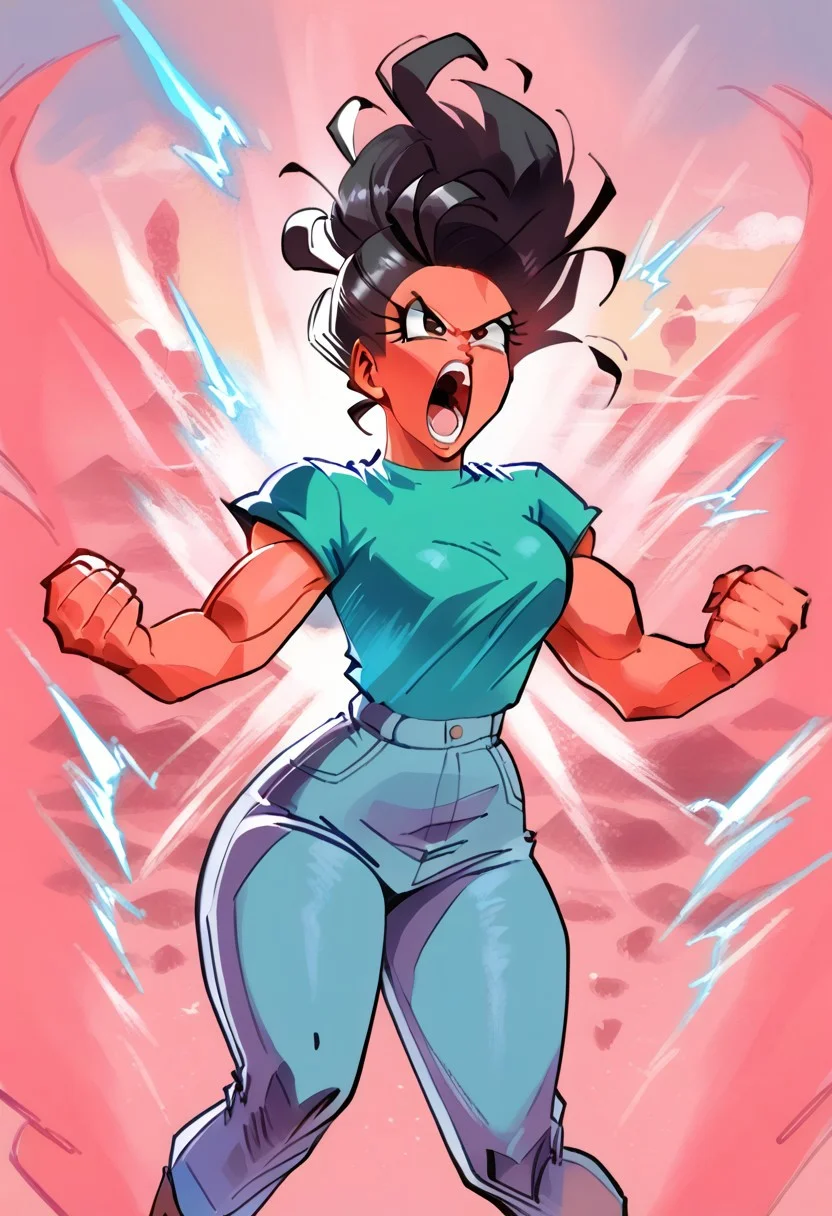score_7_up, score_6_up, cartoon_source, BREAK,
Kipowerup,Kaioken,glowing energy field, sharp jagged energy waves,entire body glowing red, red skin tone overlay, energy radiating from skin
electricity, BIG KI
,muscle tension, vein ,floating,shoulder-width apart, knees slightly bent, strong grounded stance, arms bent at elbows, fists clenched tightly, visible muscle tension, intense expression, mouth open in yell, roaring pose,
, masterpiece, beautiful, flying, mid air, floating hair, hair up,
,elenamics, black hair, brown eyes, green shirt, jeans, small waist, large hips, large breasts, belly expossed, angry, looking at viewer, pink sky, clouds,
