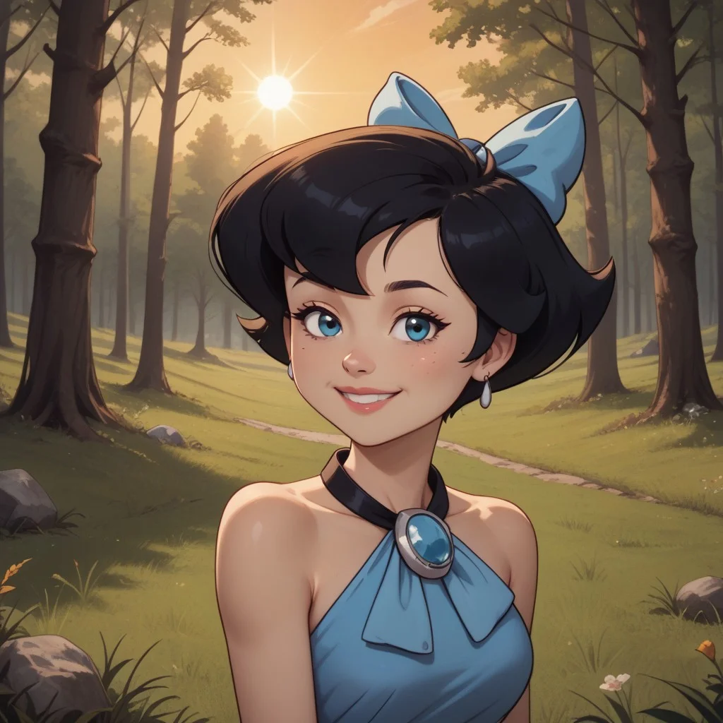 score_9, score_8, BREAK, solo, Betty_Rubble_(The_Flintstones), slim body, slender, fair skin, short hair, black hair in a bob, cyan halter dress connected to a white stone with black straps that tie around the back of her neck like a necklace, cyan bow in her hair, barefoot, self portrait, smile, looking at viewer, outdoors, sunlight, shadows, evening lighting, natural lighting, forest, trees, grass, orange sky, sunset