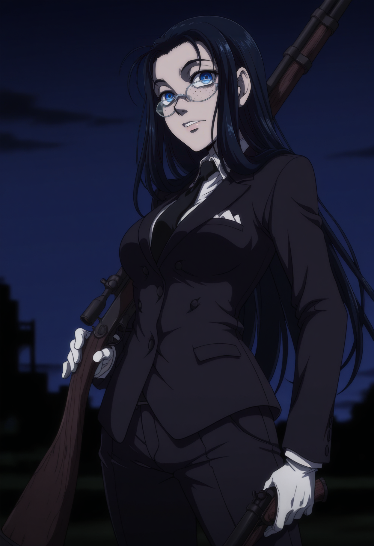 1girl,solo,rvw,long hair,blue eyes,black hair,glasses,freckles,breasts,anime coloring,
formal, suit,holing,gun,cowboy shot, pants,looking at viewer, sniper,night,outdoors
,masterpiece,best quality,amazing quality,<lora:Rip_Van_Winkle-Hellsing:0.8>