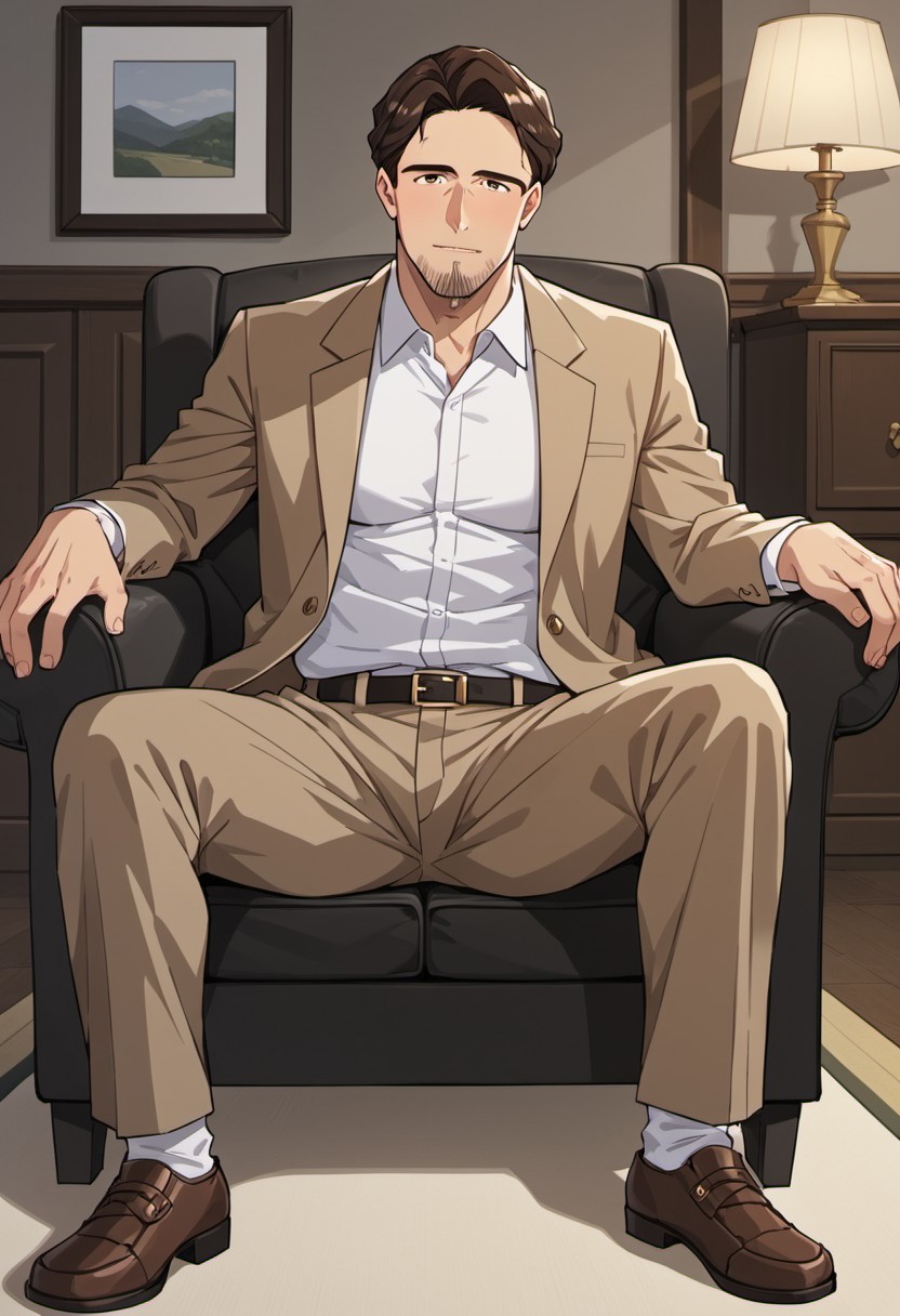 score_8_up, score_7_up, masterpiece, best quality, best aesthetics, perfect anatomy, perfect proportions, high resolution, good colors, bright skin, good shading, countershading, well detailed background, BREAK, solo, 1boy, brown eyes, short hair, mature, Brown hair, Richter, chin beard, BREAK, Sitting in an armchair, bedroom, white shirt, brown jacket, brown trousers, black men's shoes, best quality, best aesthetic, high details<lora:EMS-428848-EMS:0.850000>