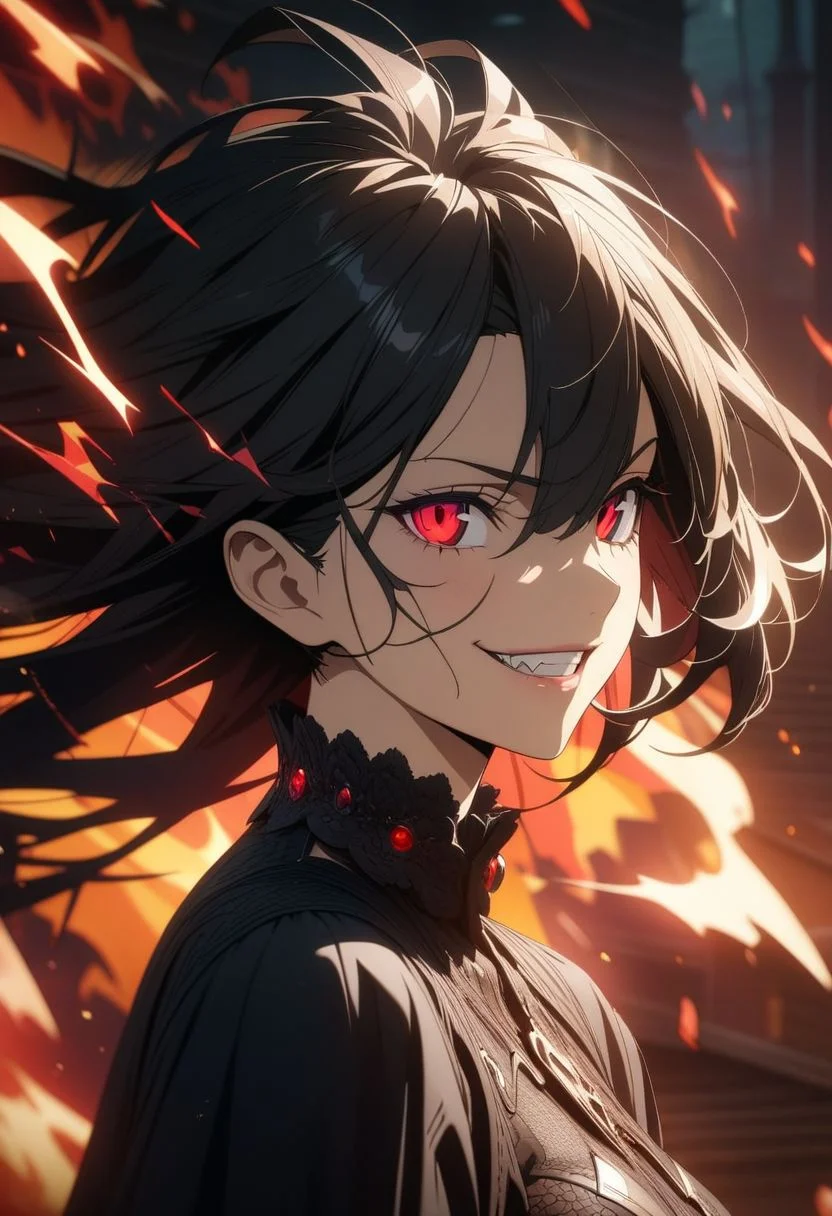 gorgeous lips, cinematic, (masterpiece), (best quality), (ultra-detailed), very aesthetic, illustration, perfect composition, intricate details, absurdres, detailed face, (anime, masterpiece, intricate:1.3), (best quality, hires textures, high detail:1.2), (4k),(incredibly detailed:1.4) 
1 girl, flying hair, Red eyes, fire witch, light particles, lightning rays, wallpaper, colorful, high contrast, a vampire, fangs, grin, evil smile, psychopathic grin, psychopathic smile, tilted head