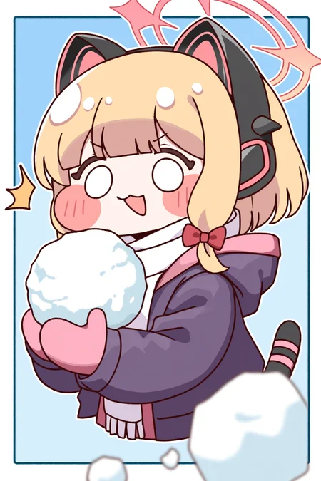 (trickcalcg, trickcal, chibi, chibi only:1.3), blush, blush stickers, original, 
blue archive, momoi \(blue archive\), 1girl, :3, animal ear headphones, animal ears, blank eyes, blonde hair, blue background, blunt bangs, border, bow, cat ear headphones, cat tail, fake animal ears, hair bow, halo, headphones, holding, holding snowball, hood, hood down, hooded jacket, jacket, long sidelocks, long sleeves, mittens, o o, open mouth, pink halo, pink mittens, purple jacket, red bow, scarf, sidelocks, simple background, smile, snowball, snowball fight, solo, surprised, tail, upper body, white border, white scarf, 
(masterpiece, best quality, absurdres, highres, newest, very awa:1.2), 