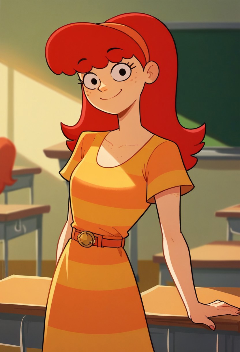 score_9, score_8_up, score_7_up, 1girl, solo, beag, red hair, freckles, hairband, dress, striped, belt, looking at viewer, smile, cowboy shot, indoors, classroom