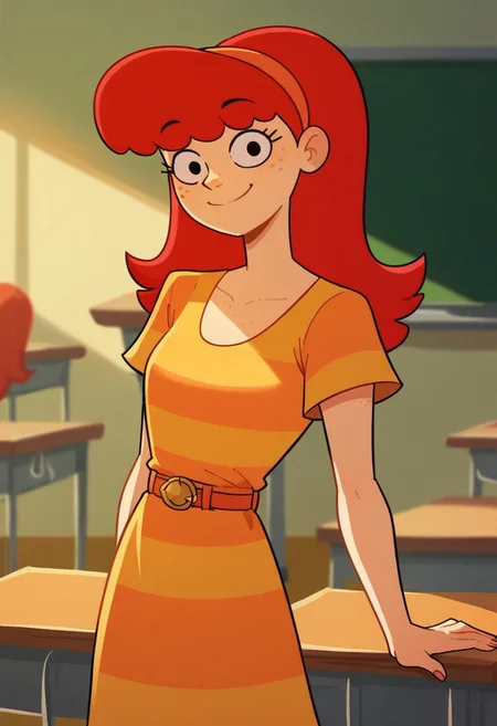score_9, score_8_up, score_7_up, 1girl, solo, beag, red hair, freckles, hairband, dress, striped, belt, looking at viewer, smile, cowboy shot, indoors, classroom