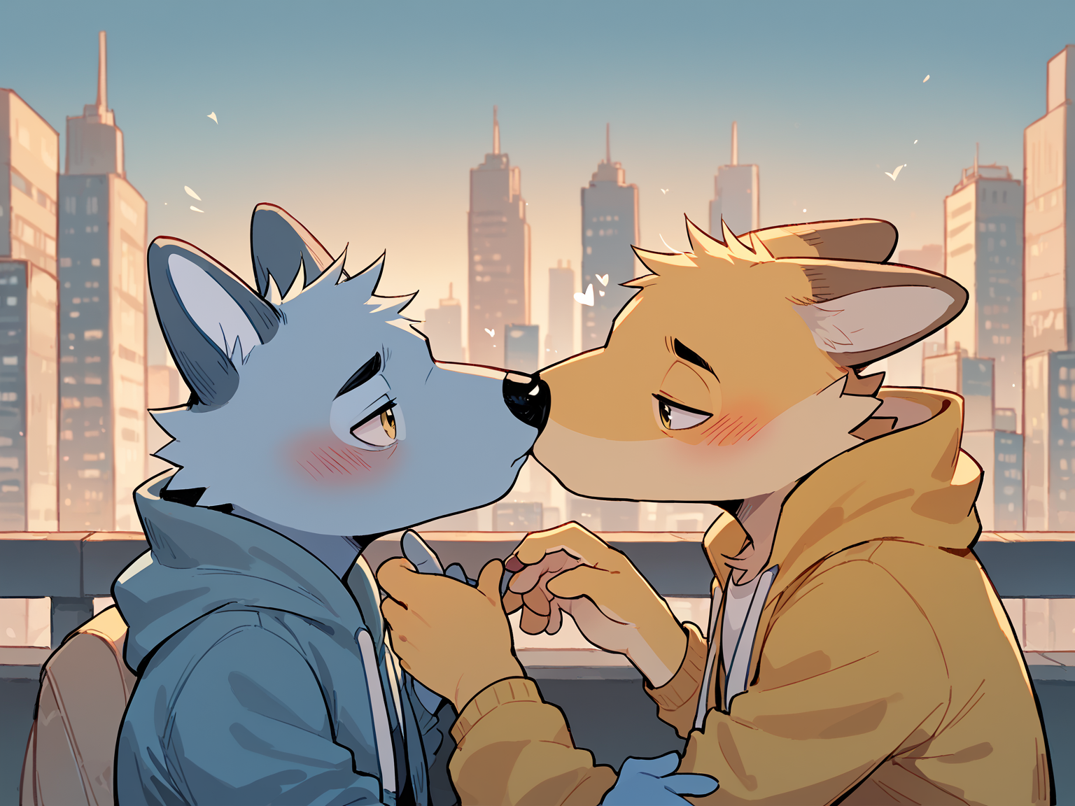 score_9, score_8_up, score_7_up, high quality, hires, blue body, yellow eyes, duo, 2boys, yellow body, furry male, looking at another, adult, hand kiss, shy, <lora:Rae__VK_sticker__Ð ÑÐ¹:1>, cityscape