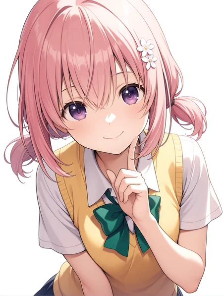 masterpiece,best quality,newest,1girl,solo,
<lora:momo_ilxl_v1.8:1>,momo,pink hair,purple eyes,h_o,hair ornaments,low twintails,
m_clothes,short sleeve blouse,yellow vest,green bowtie,
<lora:Fixhands_anime_bdsqlsz_V1:1>,white_background,simple_background,upper_body,looking_at_viewer,standing,smile,finger to own chin,