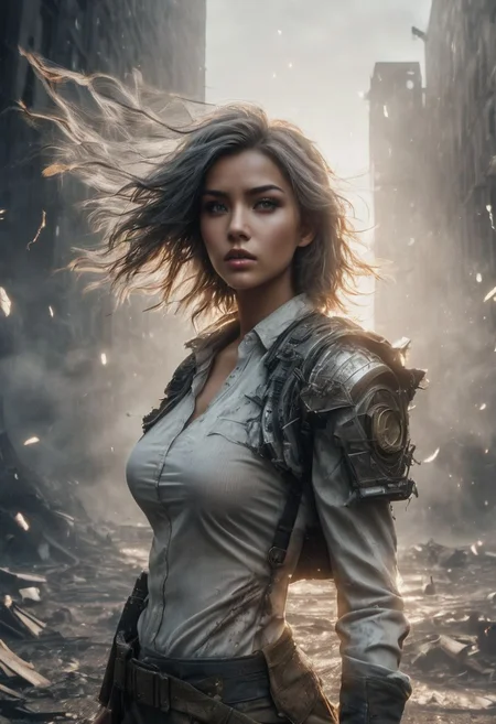 A character with an hourglass body wearing shorts clothes with a dramatic view angle, more intense lens flares, more dramatic lighting, deeper and more contrasted shadows, a colder color grading, hot,sexy,chest,a desolate wasteland background and her expression is of fierce determination,thunder lights. 4k resolution, ultra HDR, and ghostly beauty. The image should reflect intricate details, raw photo quality, a windy atmosphere, dust particles in the air, include a broken clock or shattered glass, her hair flowing wildly in the wind, some cracked earth beneath her feet, a tattered, torn flag somewhere in the scene, and a distant storm approaching