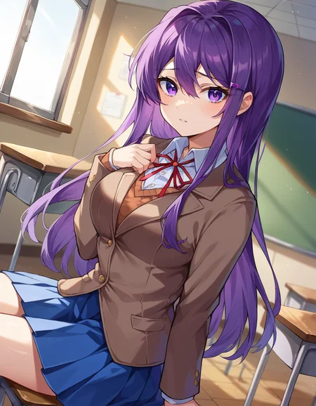 score_9, score_8_up, score_7_up, source_anime,
ddlcyuri, <lora:ddlc-yuri-ponyxl-lora-nochekaiser:1>
ddlcyuri, hair ornament, hairclip, long hair, purple eyes, purple hair,
blazer, blouse, blue skirt, jacket, brown jacket, miniskirt, neck ribbon, ribbon, school uniform, shirt, skirt, white shirt, wing collar,
indoors, classroom, sitting, desk, chair,
looking at viewer, dutch angle, cowboy shot,