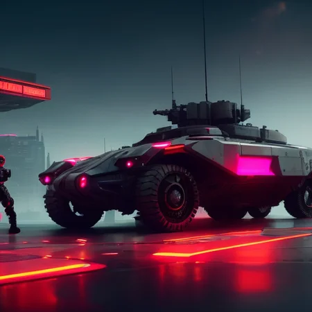 war tank, sports tank, futuristic, sci fi city, sports car, cyberpunk, futuristic lights, reflective lighting, highly detailed, artstation, high contrast, neon lights, hard light, cinematic, ultrarealistic, dramatic, ray tracing, unreal engine 5, octane render, hyper real, photo, 8k