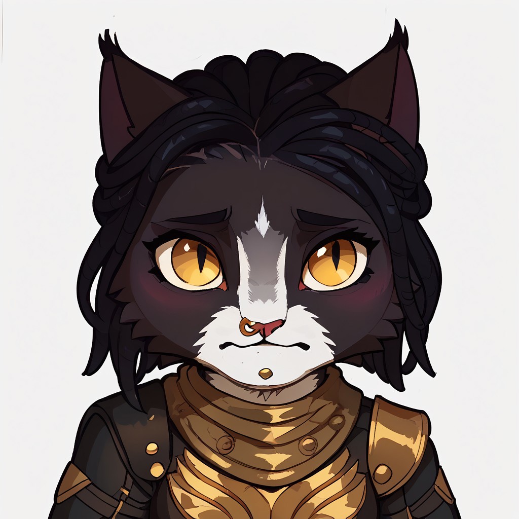 em0te art style, score_9, score_8_up, score_7_up, score_6_up, best quality,
anthro, 1girl, 3mb3r, high quality, white background, ((shy pose, closed mouth, looking away)),  high res , highly detailed face, white background, chibi, black armor, feline, black and white fur, yellow eyes, black hair, nose ring, chin piercing, extremely detailed