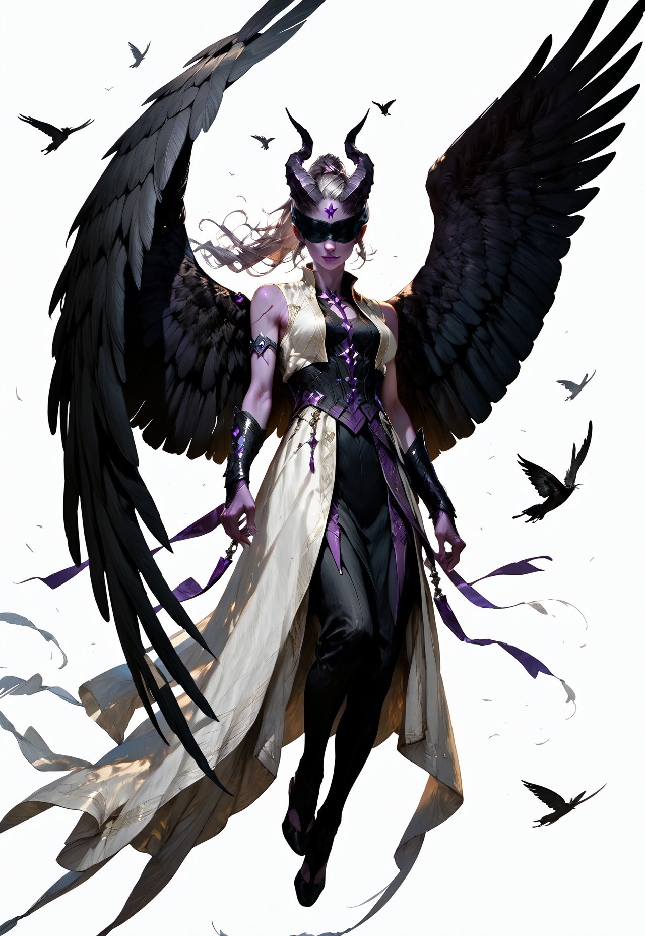 (absurdres, best quality, masterpiece:1.4), 
score_9, score_8_up, score_7_up, score_6_up, 
detailed, 
detailed body, 
detailed face, 
(((smooth skin, unbroken skin, detailed skin))), 
fantasy, 
alone, 

female, 
tiefling, 
h0rns, 
ram horns, 
black horns, 
tall, 
((((purple skin)))), 
((long grey hair, ponytail)), 
(((wingsd, black wings))),

floating, flying, hovering, weightless, 

(white robe, sleeveless, 
blindfold, black cloth blindfold), 

(((white background, plain background))), 
full body, 
front view, 