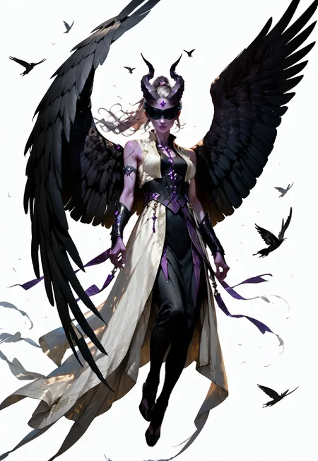 (absurdres, best quality, masterpiece:1.4),
score_9, score_8_up, score_7_up, score_6_up,
detailed,
detailed body,
detailed face,
(((smooth skin, unbroken skin, detailed skin))),
fantasy,
alone,
female,
tiefling,
h0rns,
ram horns,
black horns,
tall,
((((purple skin)))),
((long grey hair, ponytail)),
(((wingsd, black wings))),
floating, flying, hovering, weightless,
(white robe, sleeveless,
blindfold, black cloth blindfold),
(((white background, plain background))),
full body,
front view,
