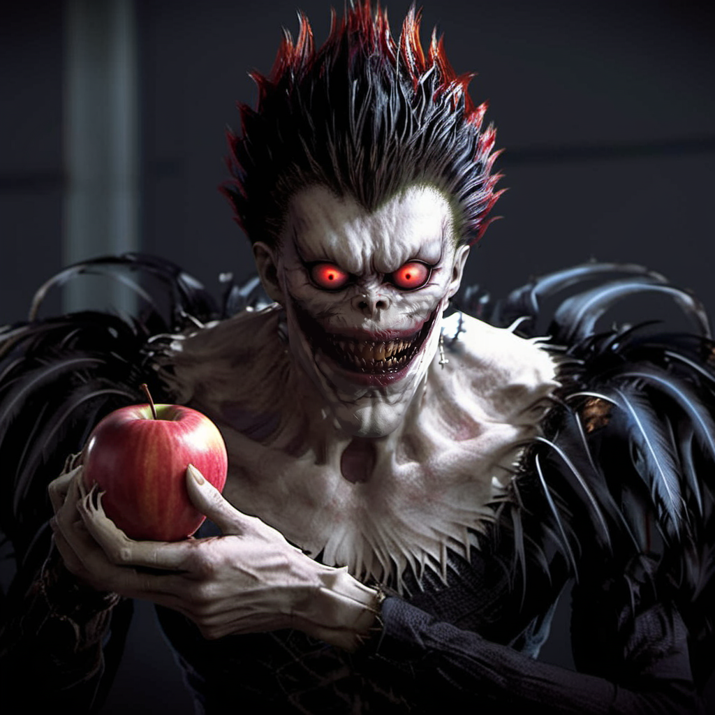 Ryuk1024, a demon, eating a red apple, highly detailed, photography, ultra sharp, film, bokeh, professional, 64k  <lora:add-detail-xl:1.5> <lora:Ryuk1024-000544:0.8>
