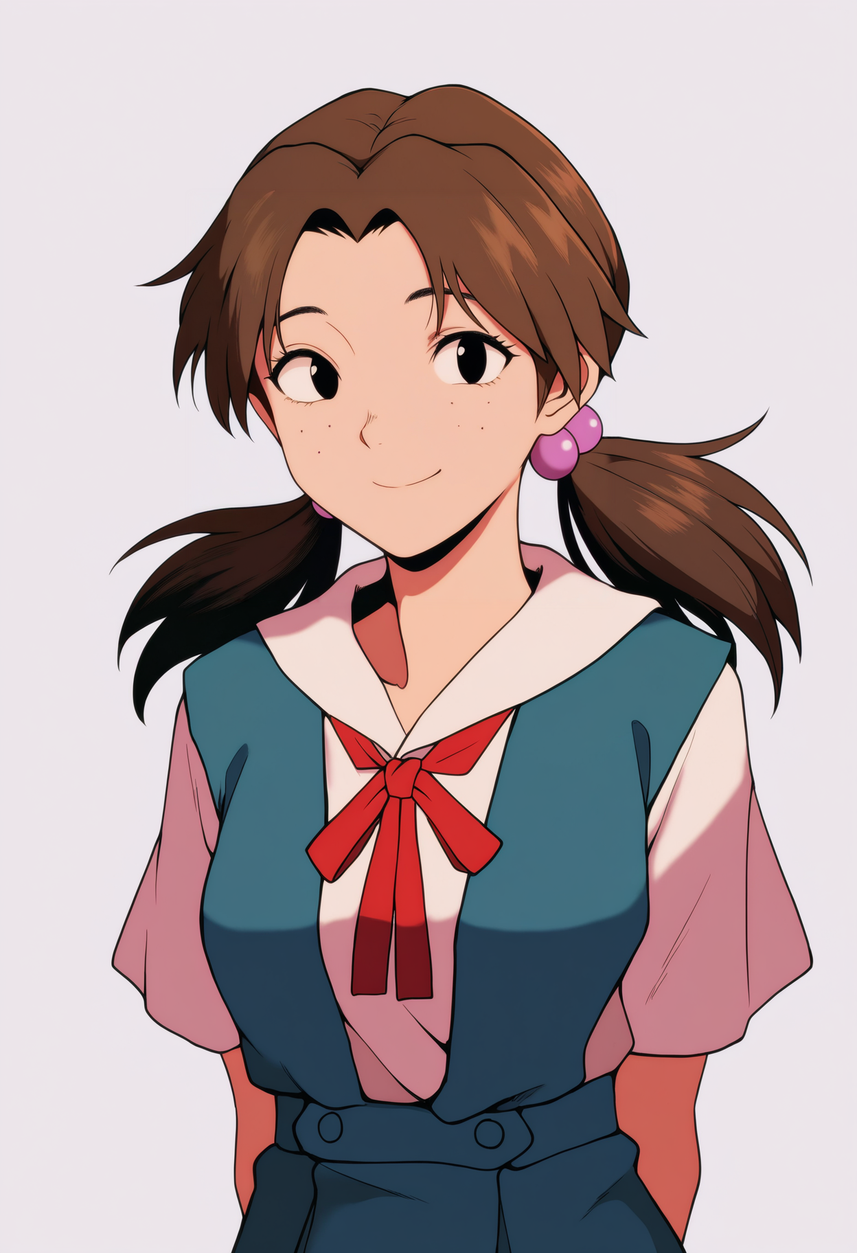 masterpiece, best quality, very aesthetic, absurdres,
1girl, hikari horaki, brown hair, twintails, freckles, hair bobbles, long hair, black eyes,
ribbon, short sleeves, suspender skirt, tokyo-3 middle school uniform,
arms behind back, smile, upper body, looking at viewer, solo, simple background, white background <lora:HikariHorakiNoobXL_byKonan:1>