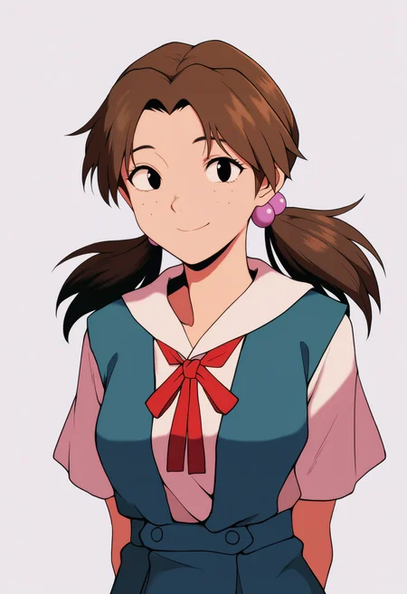 masterpiece, best quality, very aesthetic, absurdres,
1girl, hikari horaki, brown hair, twintails, freckles, hair bobbles, long hair, black eyes,
ribbon, short sleeves, suspender skirt, tokyo-3 middle school uniform,
arms behind back, smile, upper body, looking at viewer, solo, simple background, white background <lora:HikariHorakiNoobXL_byKonan:1>