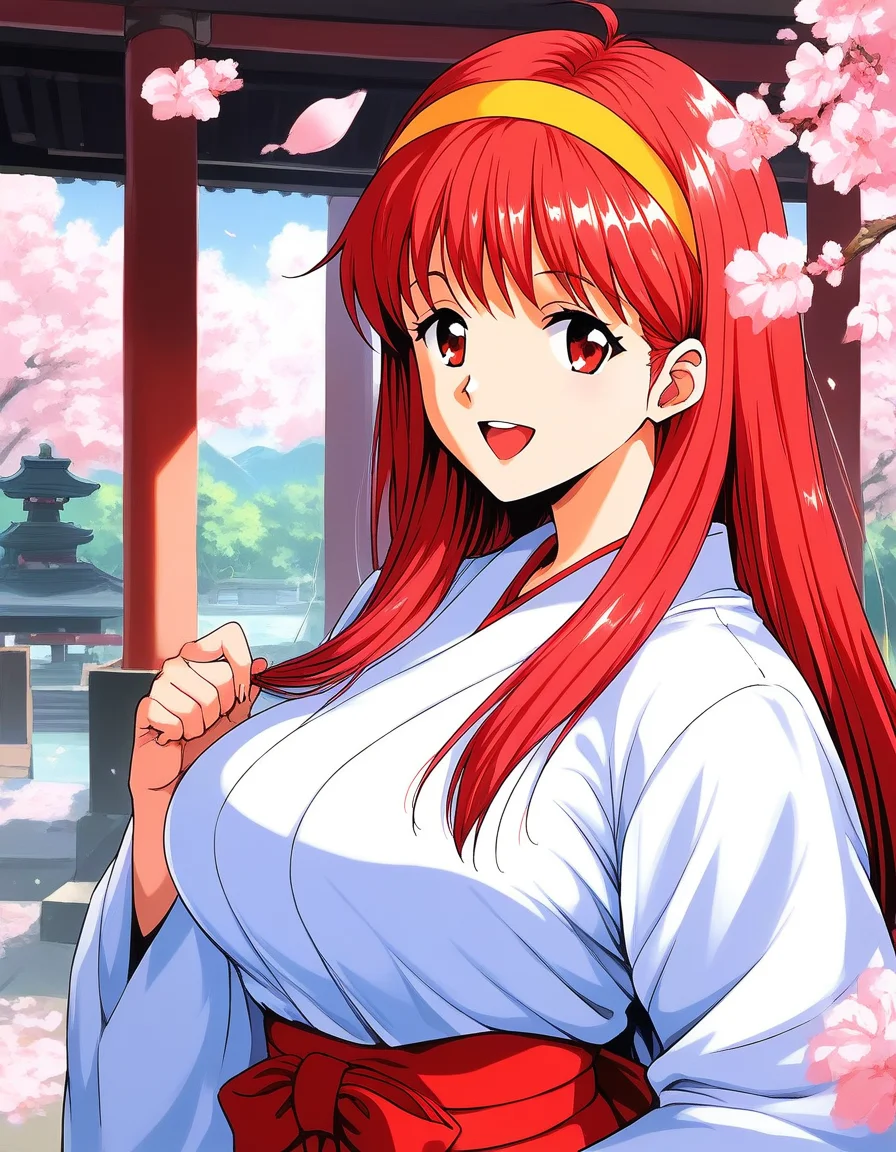 score_9, score_8_up, score_7_up, source_anime, rating_explicit, BREAK <lora:Fujisaki_Shiori_XL:1> FujisakiShiori, long hair, Yellow hairband, red hair, red eyes, large breasts,
japanese white clothes, miko, red hakama, shrine, cherry blossom,
bust up, smile, open mouth,