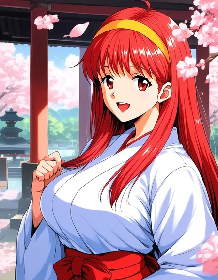 score_9, score_8_up, score_7_up, source_anime, rating_explicit, BREAK <lora:Fujisaki_Shiori_XL:1> FujisakiShiori, long hair, Yellow hairband, red hair, red eyes, large breasts,
japanese white clothes, miko, red hakama, shrine, cherry blossom,
bust up, smile, open mouth,
