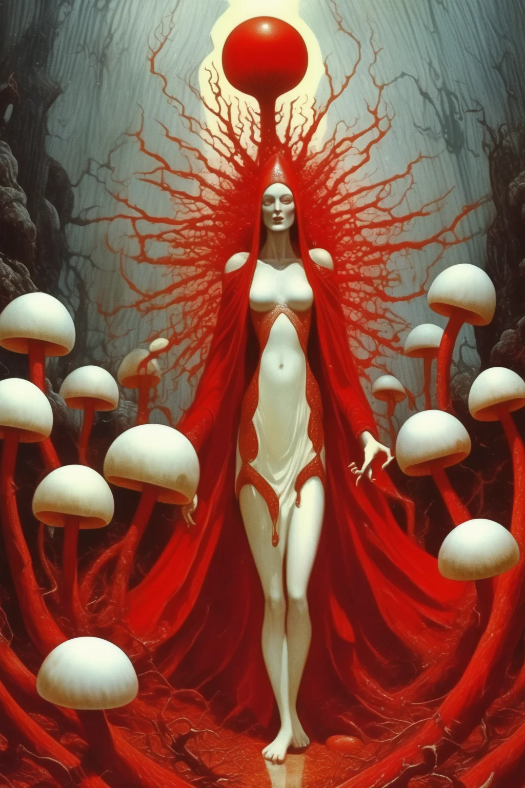 <lora:Philippe Druillet Style:1>Philippe Druillet Style - a divine priestess battles against the dark forces of the devil, raining red monsoons from the ground, magic powers of ancient archangels, remains a mushroom as thin as an eggshell