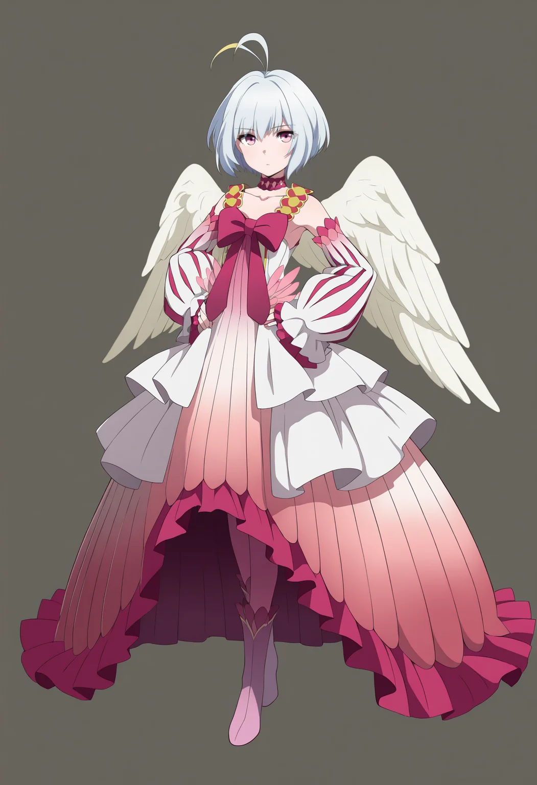 masterpiece, best quality, very aesthetic, absurdres,
1girl, fitoria, ahoge, white hair, pink eyes, short hair,
angel wings, feathered wings,
bow, choker, detached sleeves, dress, frills, long sleeves, puffy sleeves, boots,
hands on hips, full body, solo, looking at viewer, simple background, solid grey background <lora:FitoriaIllustriousXL_byKonan:1>