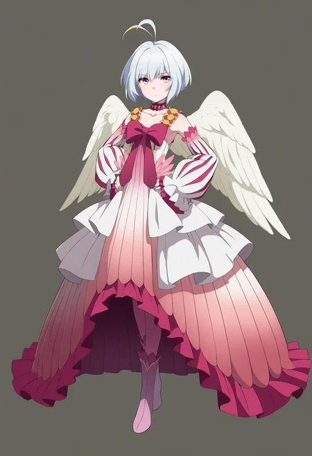 masterpiece, best quality, very aesthetic, absurdres,
1girl, fitoria, ahoge, white hair, pink eyes, short hair,
angel wings, feathered wings,
bow, choker, detached sleeves, dress, frills, long sleeves, puffy sleeves, boots,
hands on hips, full body, solo, looking at viewer, simple background, solid grey background <lora:FitoriaIllustriousXL_byKonan:1>