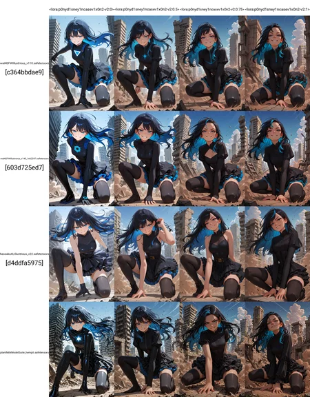 masterpiece, best quality, amazing quality, <lora:p0nyd1sney1ncasev1x0n2-v2:0>, p0nyd1sney1ncasev1x0n2, 1girl, 25 years old, perfect face,
multicolored hair, long hair, black hair, blue hair,
blue eyes,
black dress, layered dress,
black thighhighs,
superhero landing, on one knee, hand on ground, wind, floating hair, ruins, city, sky, looking at viewer, smirk, smug, dust,
park,âââ