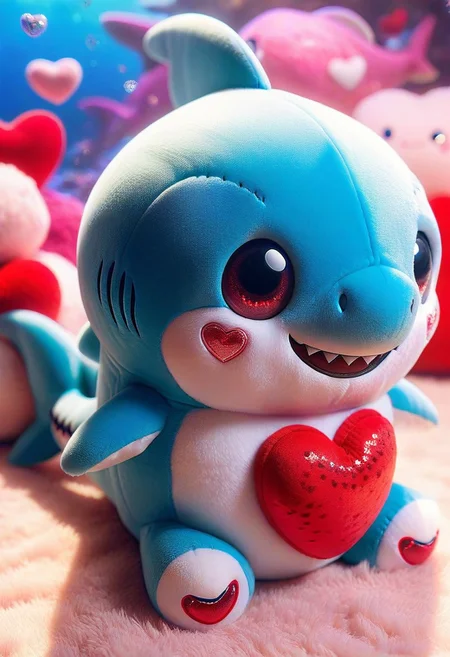 a mean shark, plush, sparkling eyes, smile, excited, masterpiece, best quality, good quality, latest, ral-smlvltnpls, funny theme, plush sea background