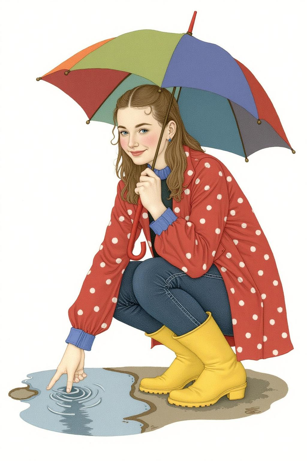olgadugina1 illustration. 
A young woman, angled from slightly above and to the right, crouching low to the ground in a puddle. The young woman is wearing bright yellow rubber boots and a red jacket with white polka dots. The jacket sleeves are pushed up to reveal blue cuffs. The young woman also wears dark blue jeans and has a smile on her face as she extends her right index finger to touch the water in the puddle. She holds a large, open umbrella with rainbow-colored panels and a red handle over her. <lora:olgadugina2_cap_d6a3e9:1.0><lora:858120052099052528:0>