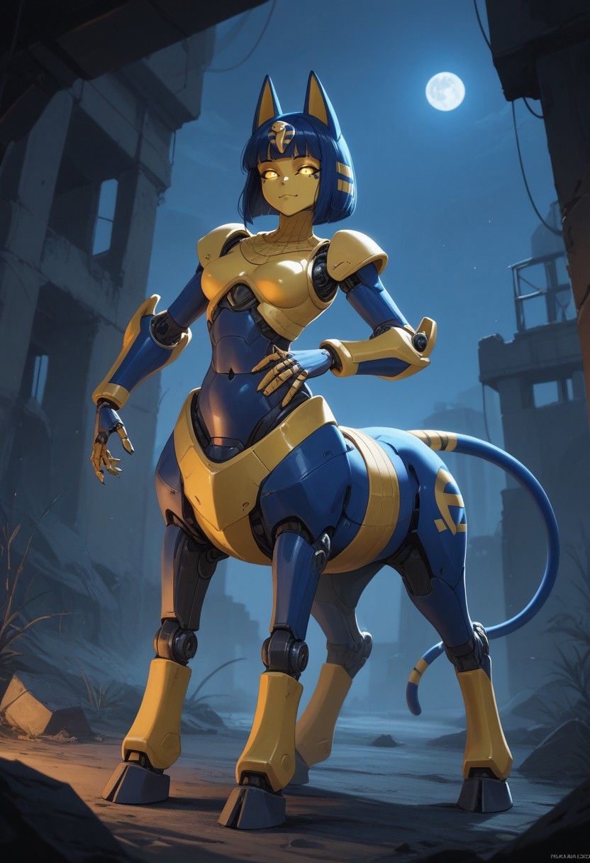 score_9,score_8_up,score_7_up,score_6_up,score_5_up,score_4_up, BREAK Ankha, cat, robot, centaur, solo, smile, industrial ruins, night, hooves, blue horse tail, Robot girl, Mecha, Android, mechanical limbs, robot joints, blue and yellow metal skin, black sclera, no mouth, armor, glowing eyes, furry, blue hair, cat head, cat ears, cat nose