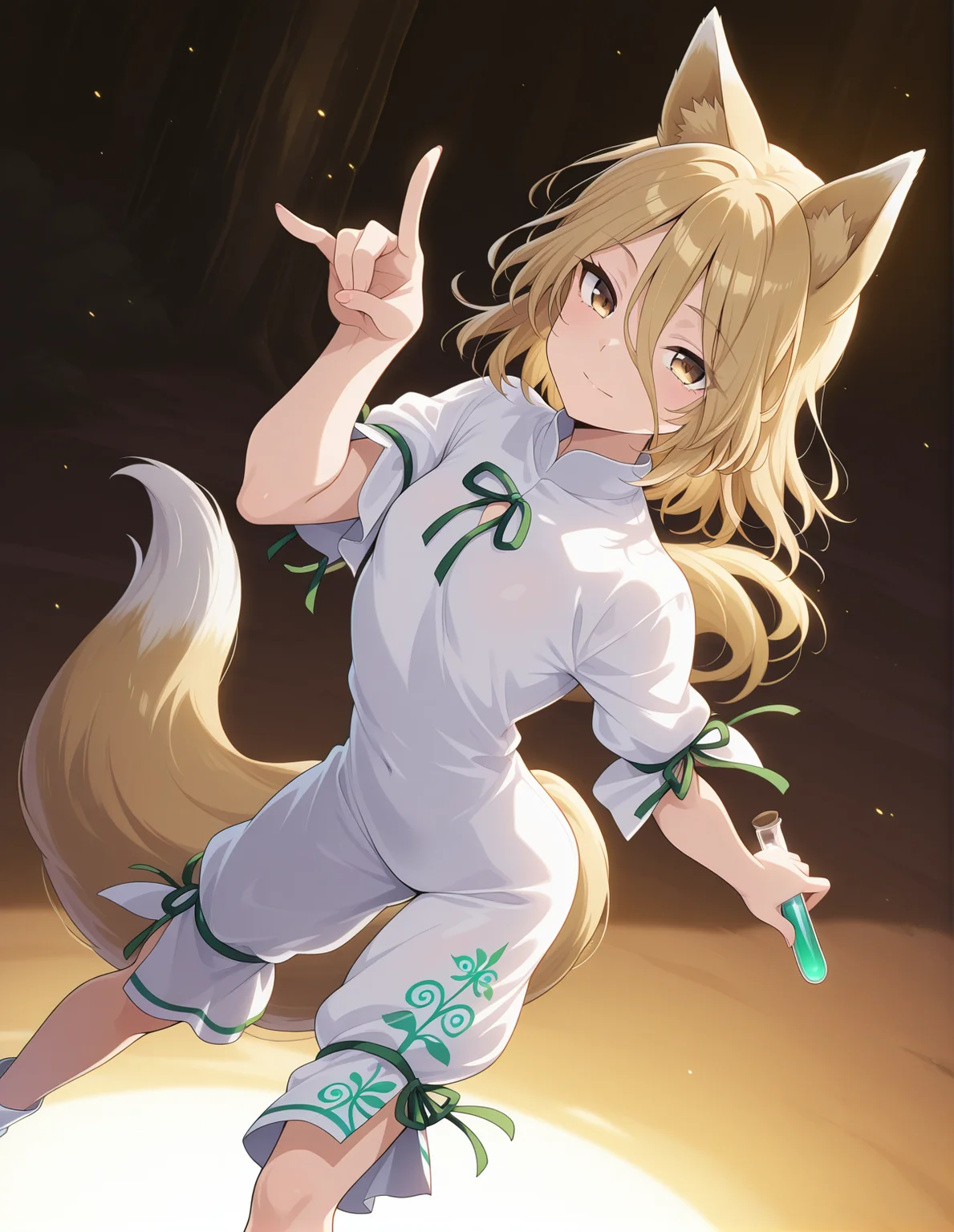 absurdres, highres, masterpiece, best quality, amazing quality, official anime artwork, screencap, anime screencap, looking at viewer, light smile,
 <lora:Tsukasa-Kudamaki_Illustrious:1> kudamaki tsukasa, 1girl, solo, brown eyes, blonde hair, short hair, fox ears, fox tail,, white romper, green ribbon, puffy short sleeves, holding test tube, 
index finger raised, pointing,