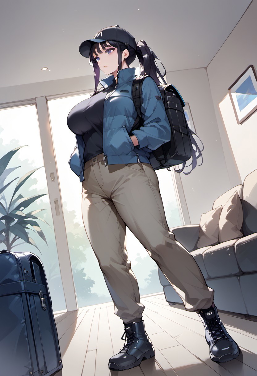 score_9, score_8_up, score_7_up, score_6_up, 1girl, source_anime, 
1girl, Hina,
haircut bangs, large breasts, cap on head, parka jacket, khaki pants, backpack, hiking boots
Indoors, living room,
Dutch angle,